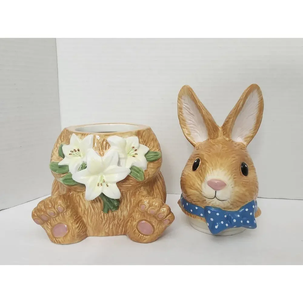 Easter Bunny Rabbit with Easter Lilies David's Cookies Ceramic Cookie Jar